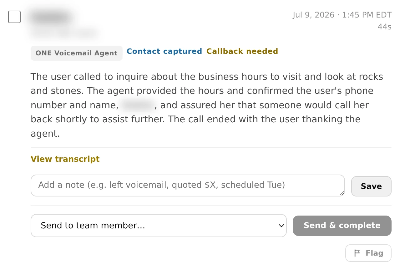 Follow-up card in the Lemn dashboard from this call: caller name and number captured (blurred), Contact captured and Callback needed tags, a note box, and send-to-team-member controls